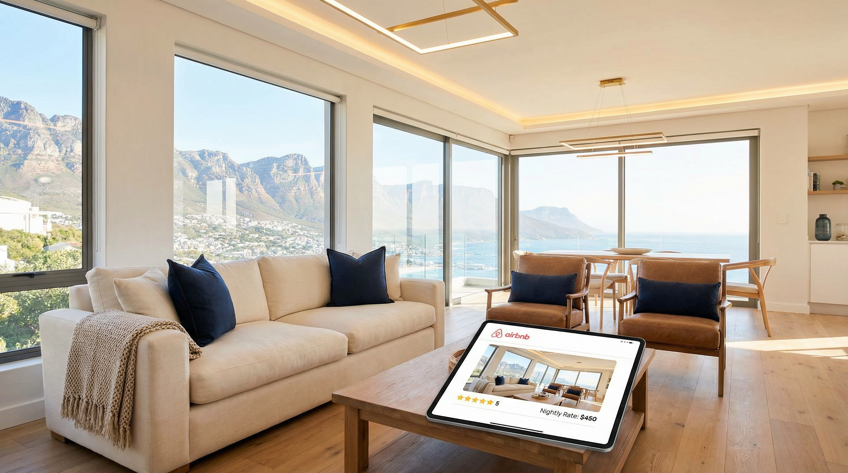 Luxury Airbnb property interior with a tablet showing a 5-star listing